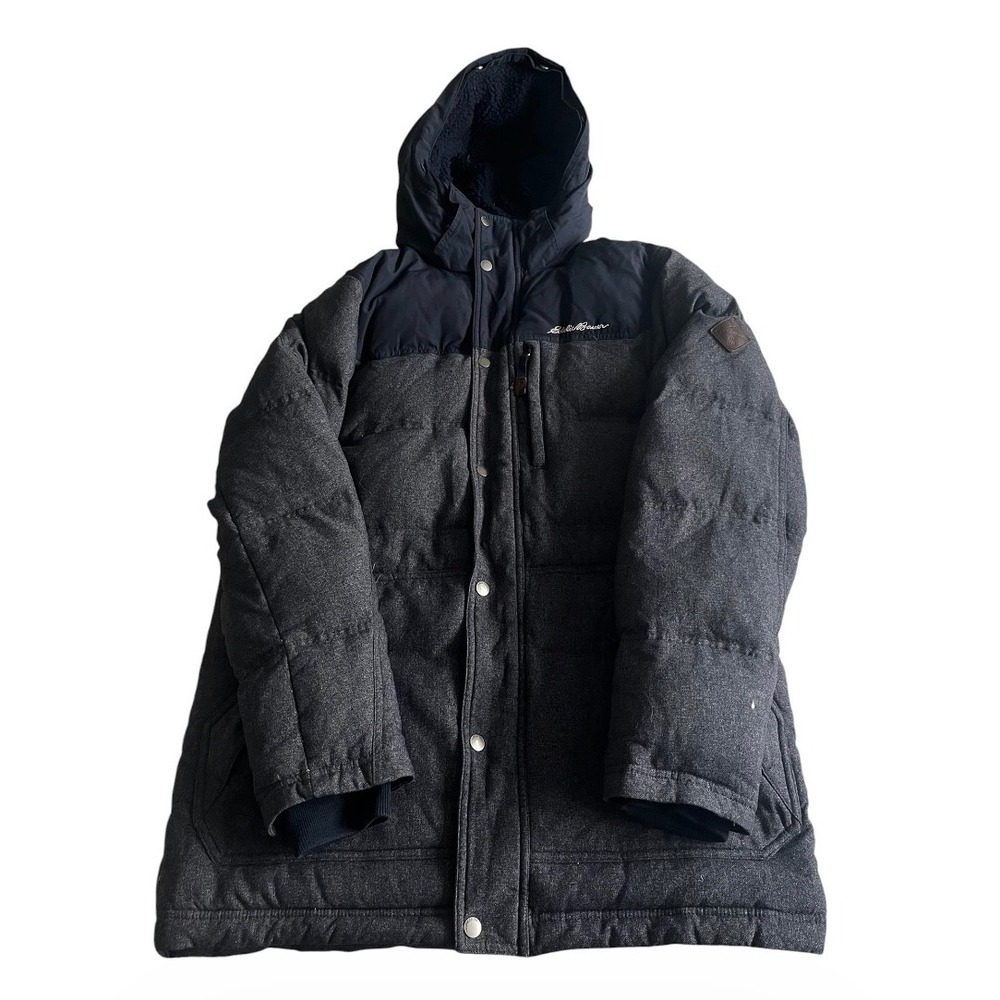 Eddie Bauer Puffer Down Jacket Mens Medium Navy Blue Colorblock Hooded Outdoors